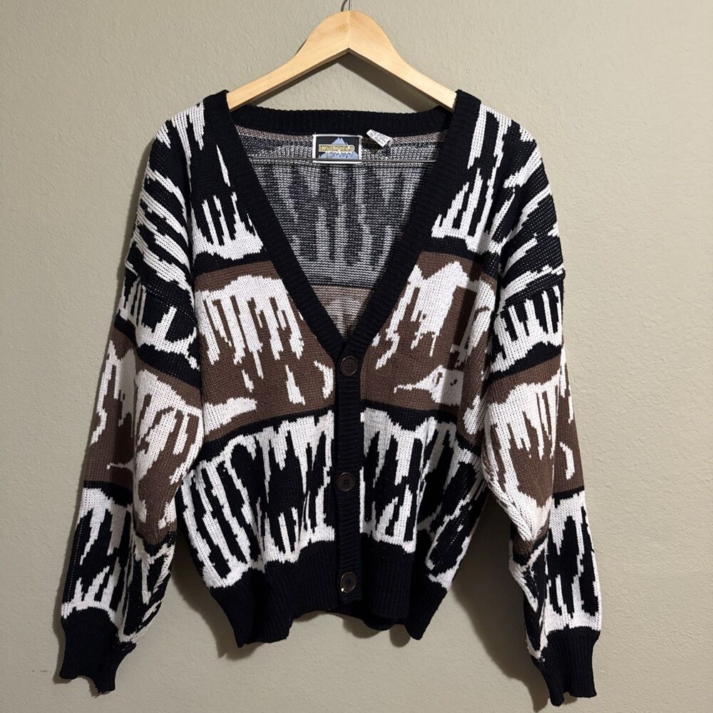Vintage Kingsfield Cardigan Sweater Medium M Abstract Geometric Brown Black Vtg